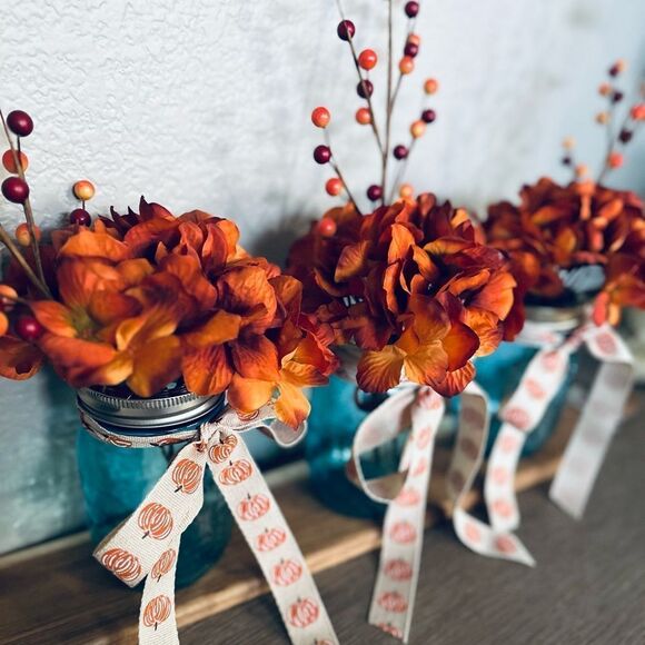 Fall Farmhouse Blue Mason Jar Floral Hydrangea Arrangement Centerpiece Board - Picture 1 of 5